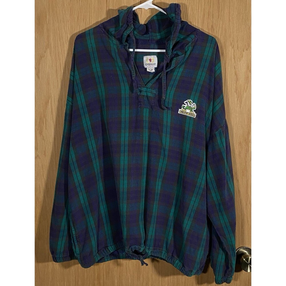 Vtg Embassy Notre Dame Plaid Flannel Hoodie Cotton Pockets Fighting Irish L/XL
